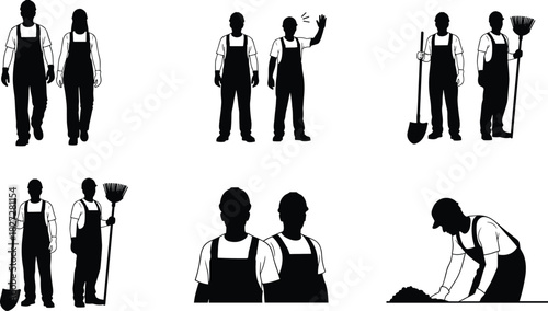 Silhouette construction workers with tools, teamwork, labor occupation, industrial work concept, manual job people, building and maintenance profession illustration