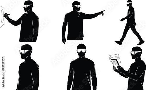 Silhouette futuristic man wearing augmented reality virtual reality headset, interacting with digital interface, pointing, walking, and using technology innovation concept