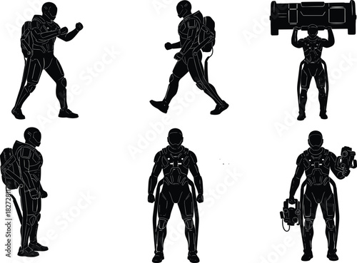 Silhouette futuristic robot soldier wearing advanced exosuit armor, holding weapon, walking, training, and performing combat mission in sci-fi technology concept