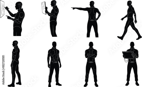 Silhouette futuristic humanoid cyborg using digital touchscreen tablet, analyzing data, pointing, walking, and standing in artificial intelligence technology concept