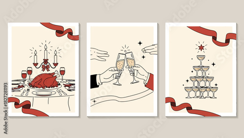 Festive illustrations depicting a holiday dinner, champagne toast, and a glass tower.