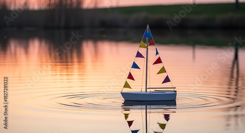 Miniature sailboat sailing on calm water reflecting the sunset colors