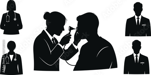 Silhouette of doctor examining patient with otoscope, medical checkup illustration showing healthcare professionals, diagnosis and clinical examination concept
