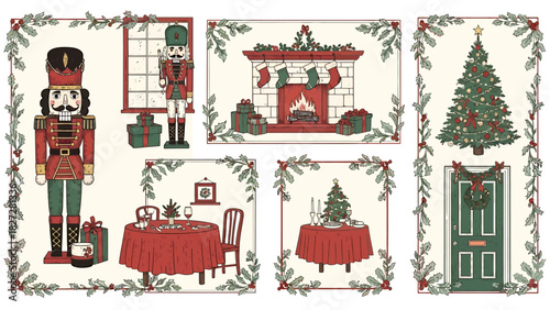 A collection of vintage Christmas illustrations featuring nutcrackers, a decorated fireplace, a tree, and festive home interiors.