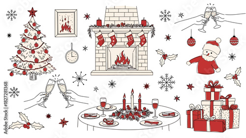 A festive collection of hand-drawn Christmas elements including a tree, fireplace, Santa Claus, gifts, and a holiday dinner table.