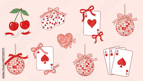 A collection of hand-drawn red and pink themed items including cherries, dice, playing cards, disco balls, and a heart.