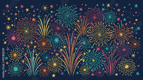 A vibrant graphic illustration of colorful fireworks exploding in a dark night sky filled with stars, celebrating an event.