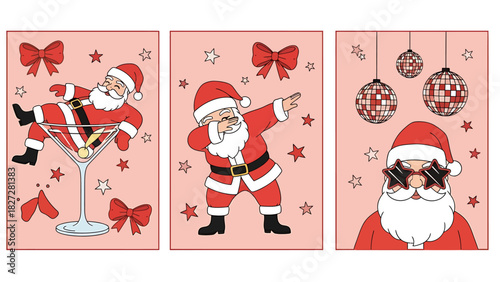 Three festive illustrations featuring Santa Claus in various poses, celebrating Christmas with style.