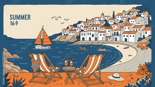 Summer seaside scene with beach chairs, sailboat, and coastal village illustration.