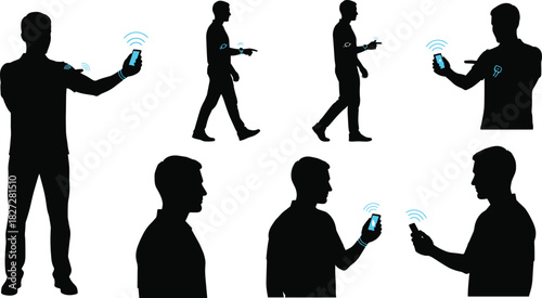 Silhouette people using smartphone and smartwatch technology, modern communication, wireless connection, digital lifestyle, wearable device interaction, mobile connectivity concept