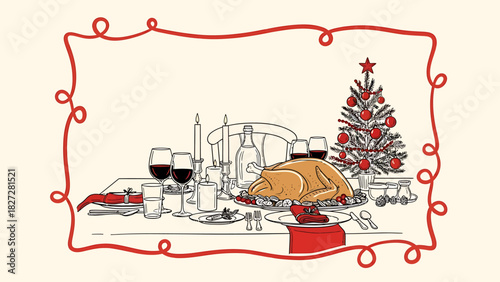 Animated drawing of a festive Christmas dinner table with a roasted turkey, wine, and a decorated tree.