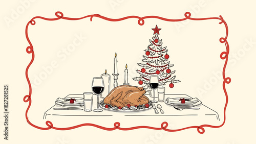 Hand-drawn illustration of a festive Christmas dinner table with a roasted turkey and a decorated tree in the background.