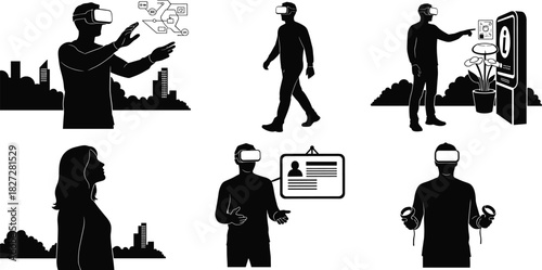 Silhouette people using virtual reality headset interacting with digital interface, exploring 3D world, augmented technology communication and futuristic innovation concept