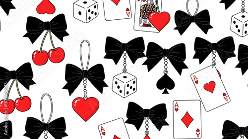 Seamless pattern featuring black bows, playing cards, dice, cherries, and heart-shaped charms on a white background.