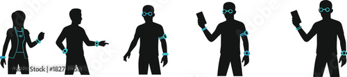Silhouette people wearing smart wearable technology devices, smartwatch, fitness tracker, augmented reality glasses, digital lifestyle and modern innovation concept