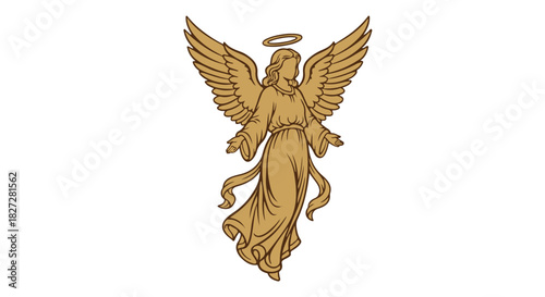 Golden Angel figure with open wings and halo, classical spiritual illustration for religious design isolated PNG with Transparent Background