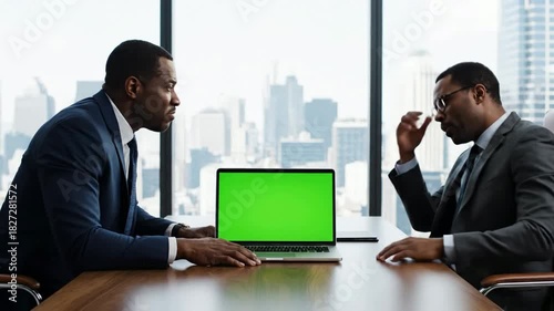 Arguing African American Businessmen Discussing Project with Green Screen Laptop