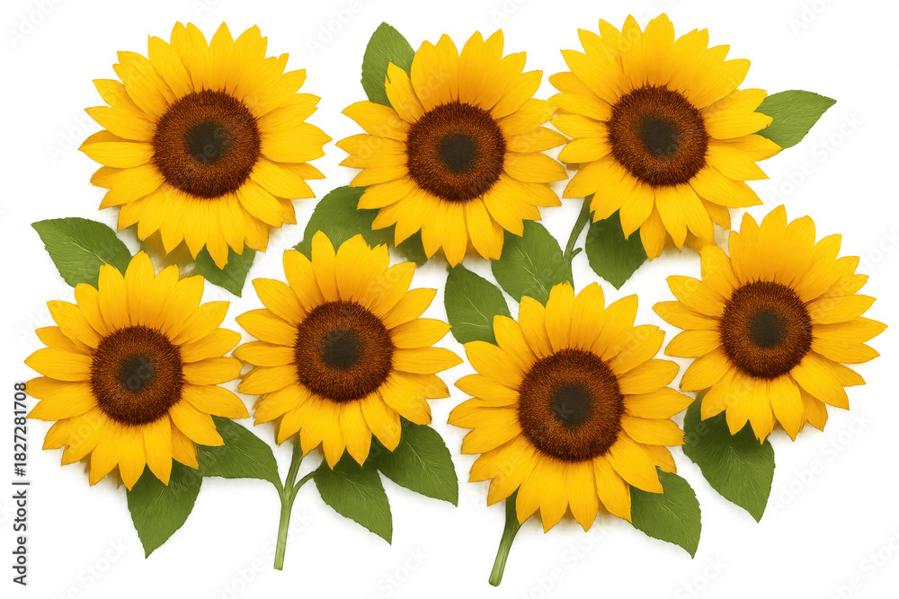 Fototapeta premium Group of bright yellow sunflowers with green leaves creating a vibrant floral display, transparent background composition