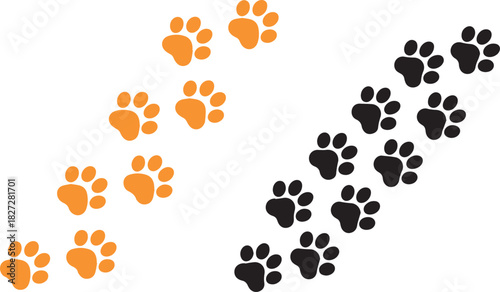 Orange and black paw prints diagonally arranged on a white background vector image