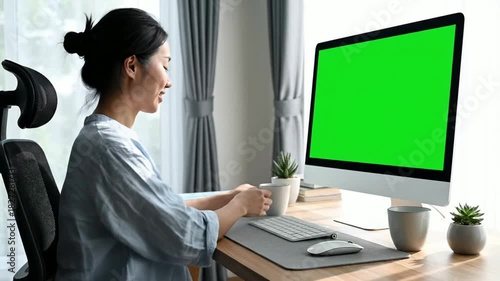 Typing, Smiling Woman Working on Green Screen Computer, Drinking Coffee