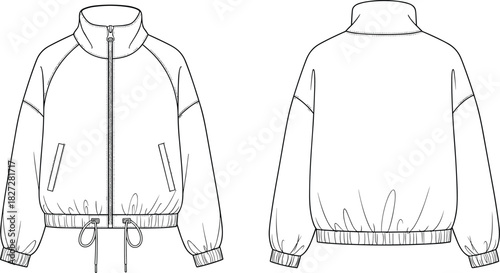 Technical fashion flat sketch of drawstring hem jacket, front and back view, CAD drawing, vector illustration, garment design template, outerwear