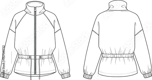 Technical fashion flat sketch of drawstring jacket, front and back view, CAD drawing, vector illustration, garment design, outerwear template