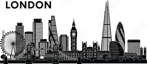Black and white London skyline silhouette vector, featuring famous landmarks like Big Ben, The Shard, and Tower Bridge, illustrating UK travel, city tourism, and capital architecture.