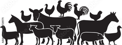 Silhouette illustration of various farm animals including cows horses and chickens