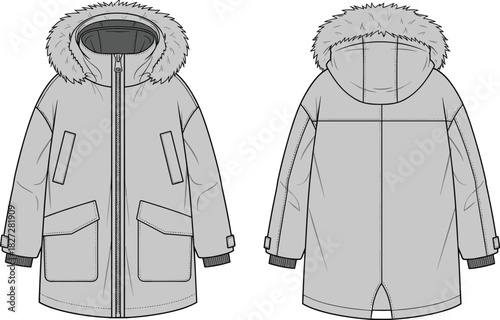 Technical fashion flat sketch of winter parka coat with fur hood, front and back view, CAD drawing, vector illustration, garment design