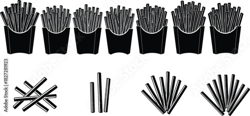 Black silhouettes of french fries in paper boxes and loose potato sticks, vector illustration set for fast food menu design, isolated on white background