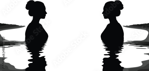 Black silhouette of two beautiful women facing each other, reflecting in rippled water, abstract vector graphic illustration, nature, duality, contrast, and introspection concept art.