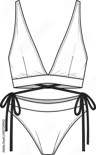 Two-piece bikini fashion sketch, technical flat drawing, vector swimwear illustration, high waist bottom, wrap top, garment design, CAD style