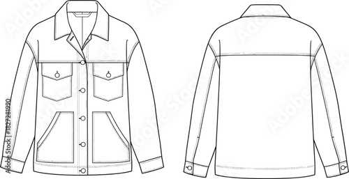 Utility Shacket Jacket Flat Sketch Fashion Technical Drawing Vector CAD
