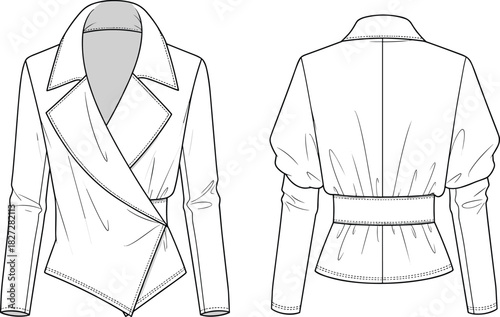 Women asymmetrical wrap jacket technical flat sketch, fashion cad drawing, vector illustration, stylish outerwear design, apparel template for clothing production