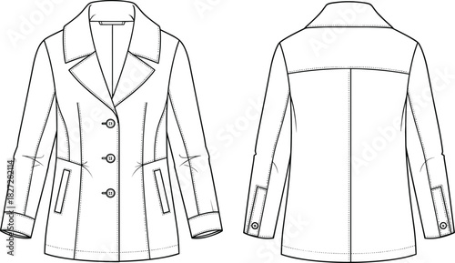 Women blazer jacket technical flat sketch, button front coat fashion cad drawing, vector illustration, clothing design, apparel template for production