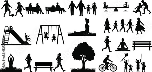 Black silhouettes of people in city park, families walking, kids playing on playground, yoga and sports activities, vector illustration set