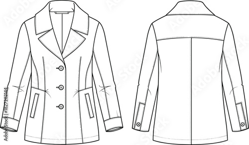 Women button front blazer technical fashion flat sketch, stylish coat vector illustration, clothing design template, cad drawing apparel design