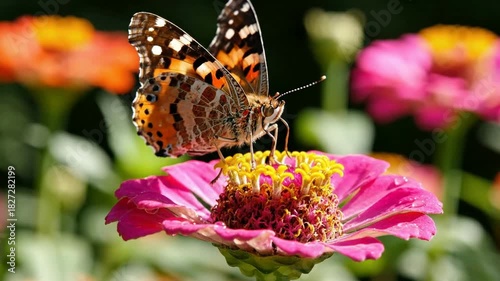 Drinking Nectar: Delicate Butterfly on Vibrant Pink Zinnia Flower in Summer Garden