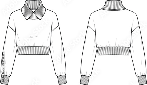 Women's cropped sweater technical fashion flat, long sleeve pullover CAD template, collar design vector, apparel illustration, sewing pattern drawing