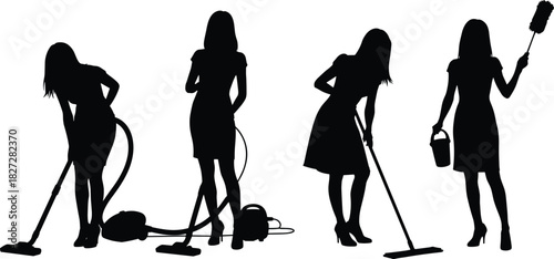 Black silhouettes of woman cleaning, housekeeper vacuuming and mopping floor, girl holding duster and bucket, domestic service vector illustration set isolated