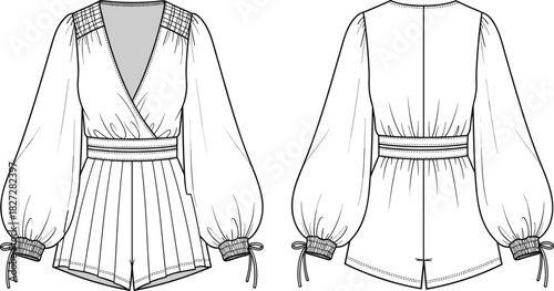 Women's long sleeve wrap blouse technical flat sketch, pleated shorts romper design, fashion CAD drawing, vector illustration, front and back view
