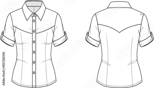 Women's short sleeve button up shirt technical flat, casual blouse CAD template, apparel vector illustration, fashion design drawing, sewing pattern