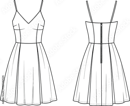Women's sleeveless fit and flare dress technical flat, spaghetti strap summer dress CAD template, fashion vector illustration, sewing pattern