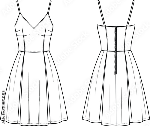 Women's sleeveless summer dress technical flat, spaghetti strap flared dress CAD template, fashion vector illustration, apparel design drawing, sewing pattern