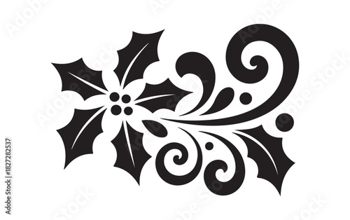 Elegant Holly Leaf Swirl Ornament Vector Design.