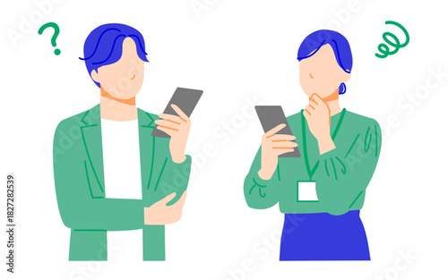 スマホを持って困っている表情のビジネスパーソンの男女のイラスト。フラットデザイン。