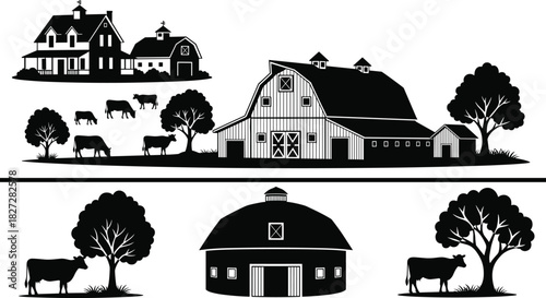 Collection of black silhouette farm landscapes with wooden barns, farmhouses, and grazing cattle, rural agriculture scenery vector illustration isolated on white background.