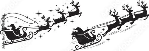 Two santa claus silhouettes in sleighs pulled by reindeer on a white background