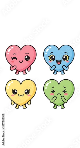 Cute Cartoon Hearts with Various Expressions on White Background.