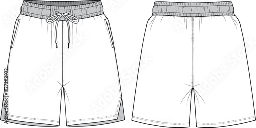 Athletic shorts technical sketch, front and back view, vector illustration, fashion design, sportswear template, CAD drawing, garment construction